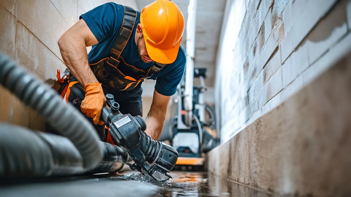 Drain cleaning technician with cable machine and inspection camera